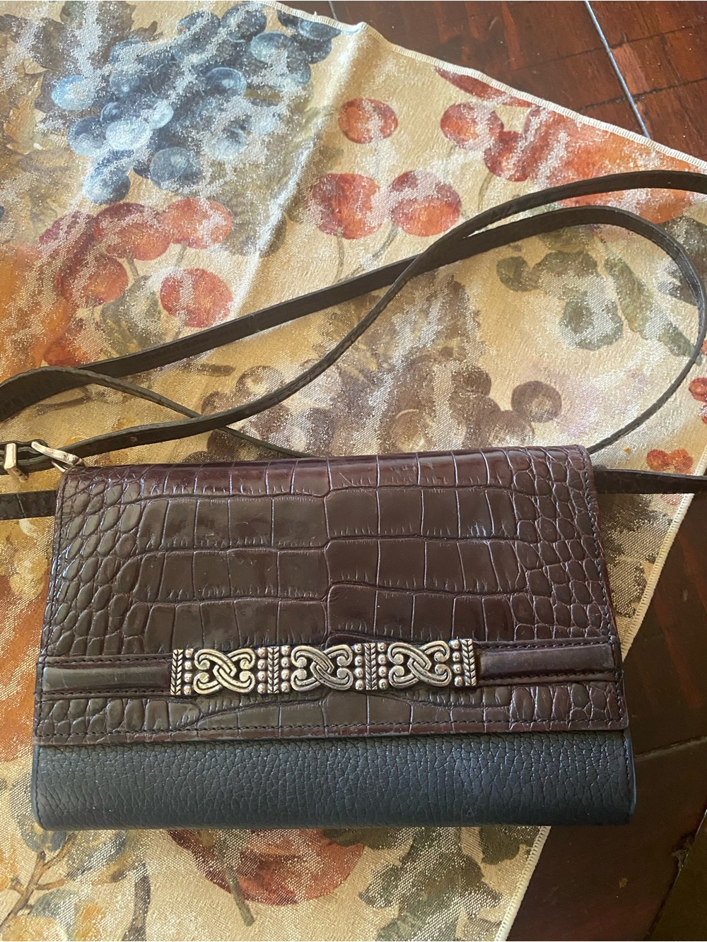 Brighton Dark Brown Croc-Embossed Leather Black Base and wallet purse